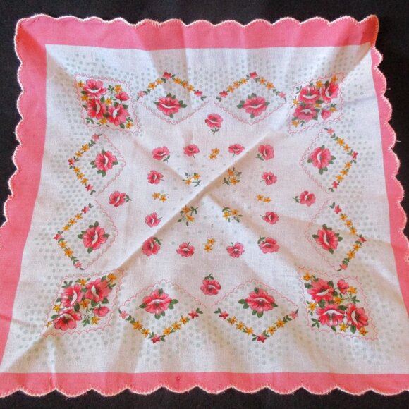 Vtg 11" Pink, Yellow, White & Green Floral Accent Handkerchief w/Pink Border - Picture 1 of 2